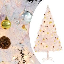 vidaXL Umelý vianočný stromček s ozdobami a LED diódami 210cm biely
