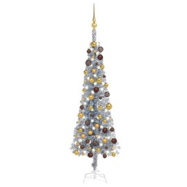 vidaXL Úzky vianočný stromček s LED a sadou gulí strieborný 120cm