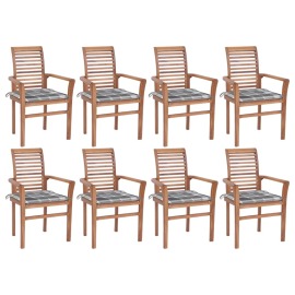 vidaXL Jedálenské stoličky 8 ks sivé kockované podložky tíkový masív