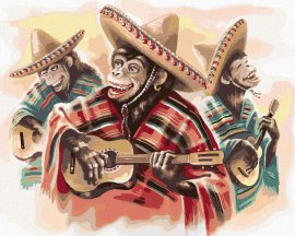 Zuty Mexické trio opíc hrajúce na gitaru, 80x100cm bez rámu a bez napnutia plátna
