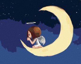 Zuty Anjelik sediaci na mesiaci, 40x50cm bez rámu a bez vypnutia plátna