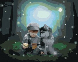 Zuty Husky a chlapček v lese, 40x50cm bez rámu a bez napnutia plátna