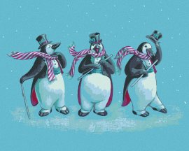 Zuty Tri tučniaky s klobúkmi (Sue Ellen Brown), 40x50cm plátno napnuté na rám