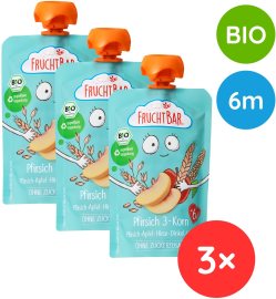 Fruchtbar BIO 100 % recyklovateľná ovocná kapsička s jablkom, broskyňou, marhuľami a ovsom 3x100g