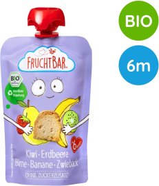 Fruchtbar BIO ovocné vrecko s jahodami, banánom, hruškou, kivi a suchárom 100g