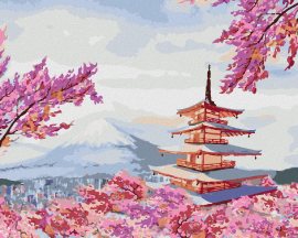 Zuty Maľovanie podľa čísel - Japonsko chrám a ružové kvety, 80 x 100 cm, bez rámu a bez napnutia plátna