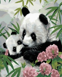 Zuty Maľovanie podľa čísel - Panda s mláďaťom a ružové kvety (Howard Robinson), 40 x 50 cm, napnuté plátno na rám